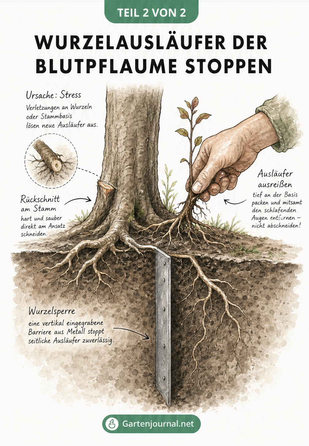 Illustration zur Entfernung von Wurzelausläufern der Blutpflaume durch Herausreißen und den Einsatz einer Wurzelsperre
