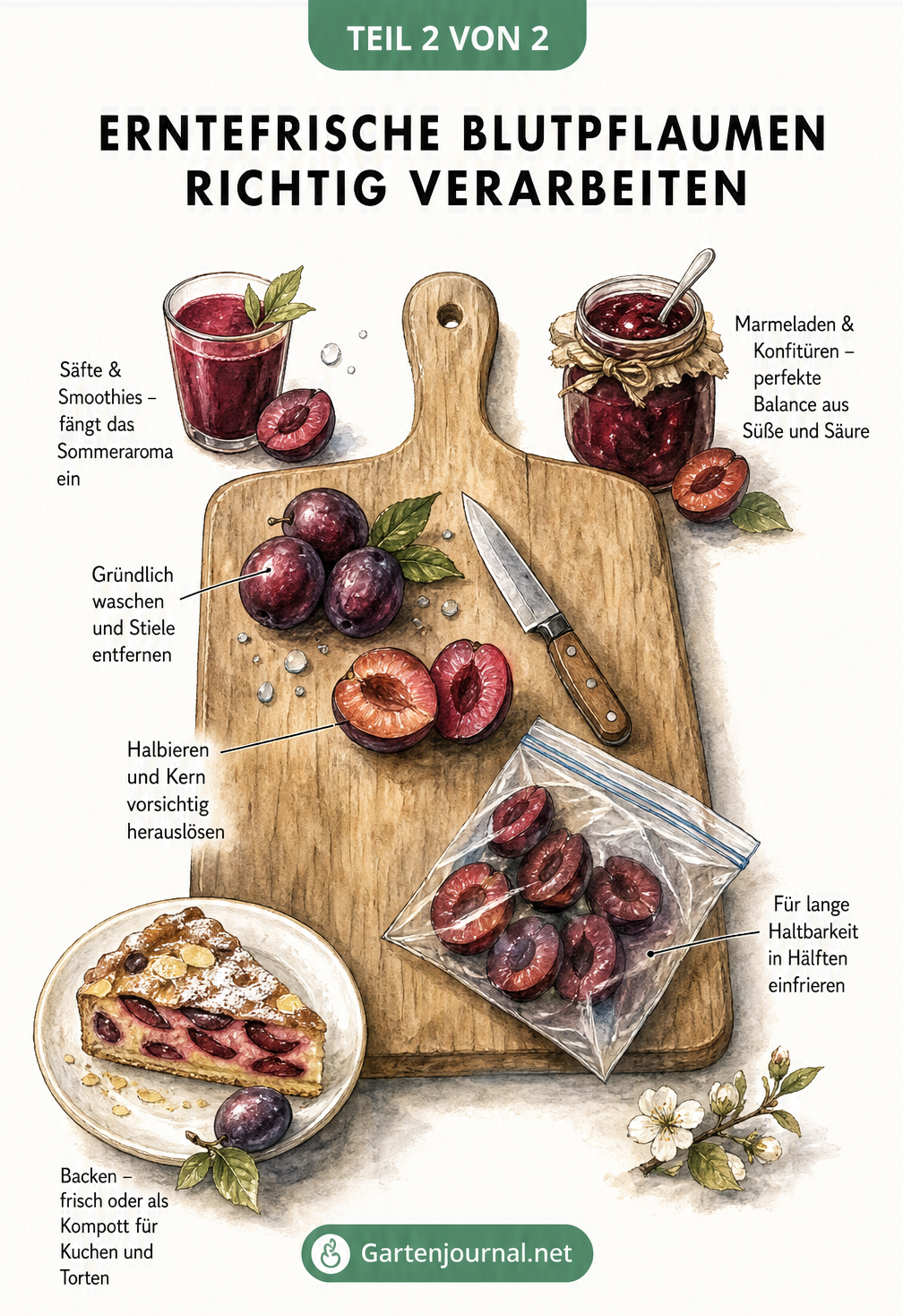Illustration eines Schneidebretts mit Blutpflaumen, Messer und Beispielen für die Verarbeitung zu Marmelade, Kuchen und Saft