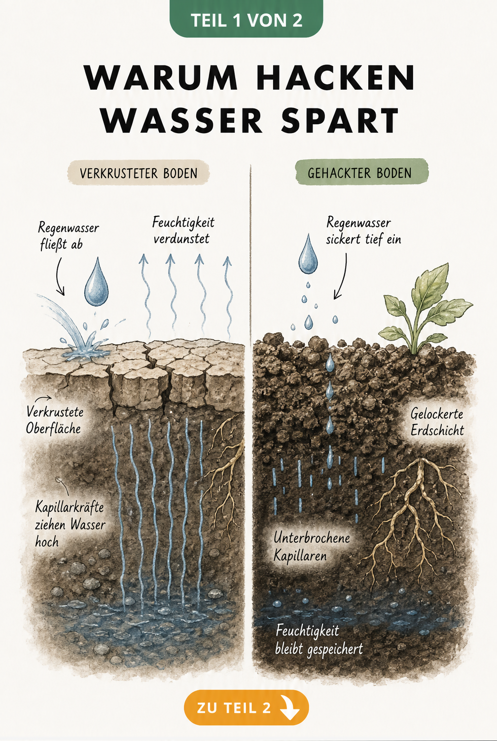 Illustration eines Bodenquerschnitts, der zeigt, wie gehackte Erde im Vergleich zu verdichtetem Boden Wasser speichert und Verdunstung durch unterbrochene...