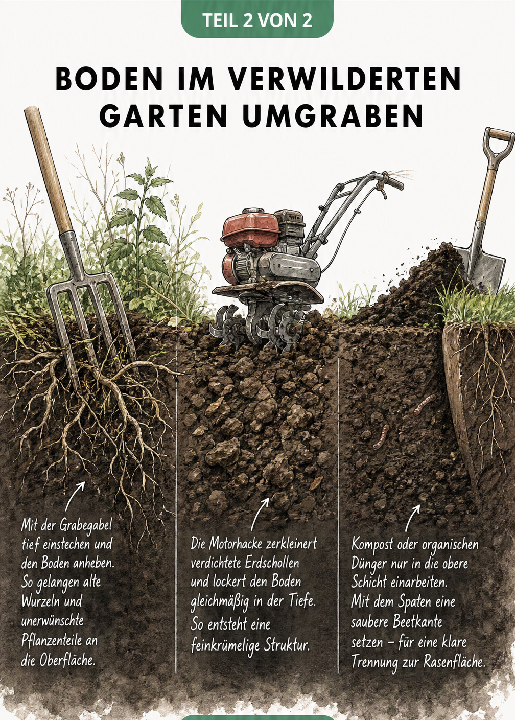 Erdschnitt-Illustration, die den Einsatz von Grabegabel und Motorhacke beim Umgraben eines verwilderten Gartens zeigt