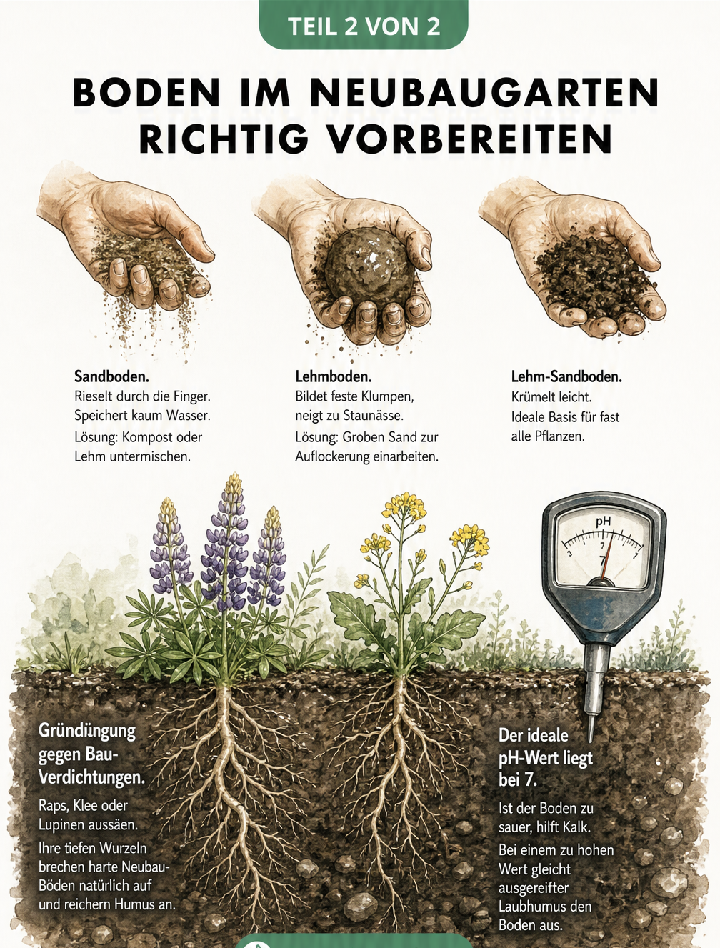Botanische Schnittzeichnung zur Bodenvorbereitung im Neubaugarten mit Fingerprobe, Gründüngung und pH-Wert
