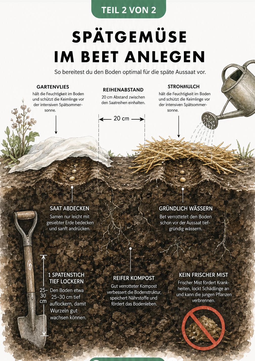 Querschnitt durch ein Gartenbeet, der die Bodenvorbereitung, Saattiefe und Abdeckung für Spätgemüse zeigt