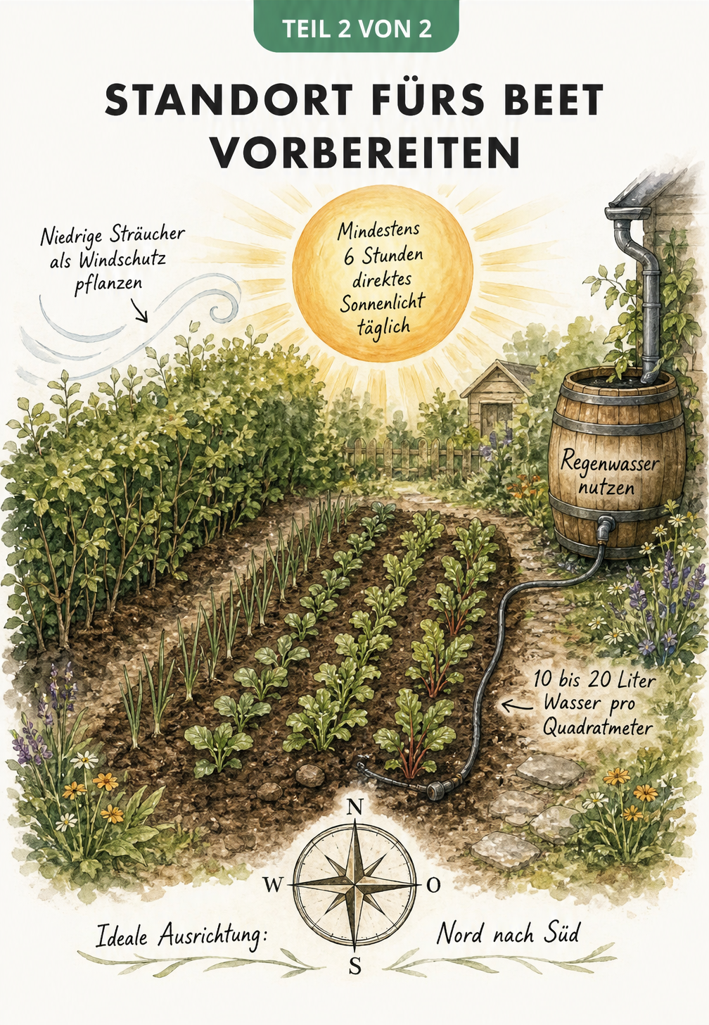 Botanische Skizze zur Bodenbestimmung mit Händen, die Sand-, Lehm- und Tonboden formen, sowie einem Querschnitt durch ein Beet mit Grubber und Kompost.