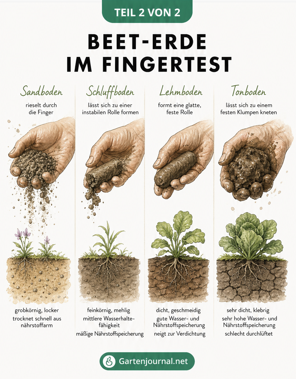 Vier Hände zeigen den Fingertest für verschiedene Bodenarten wie Sand, Schluff, Lehm und Ton