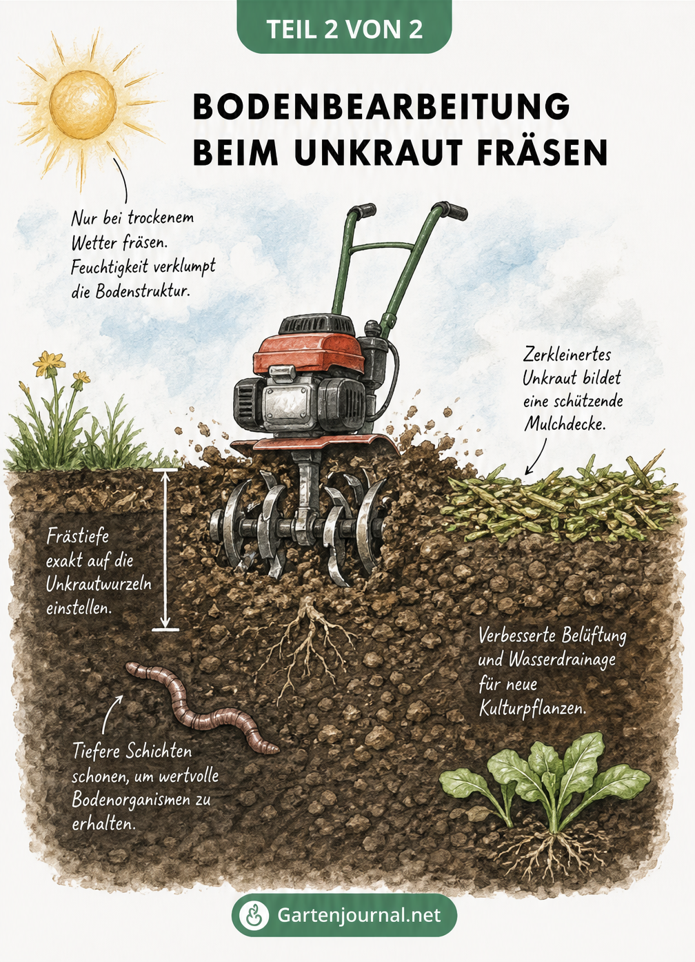 Querschnitt eines Gartenbeets bei der Bodenbearbeitung mit einer Gartenfräse: Trockenes Wetter, exakte Frästiefe und Schonung von Regenwürmern für eine...