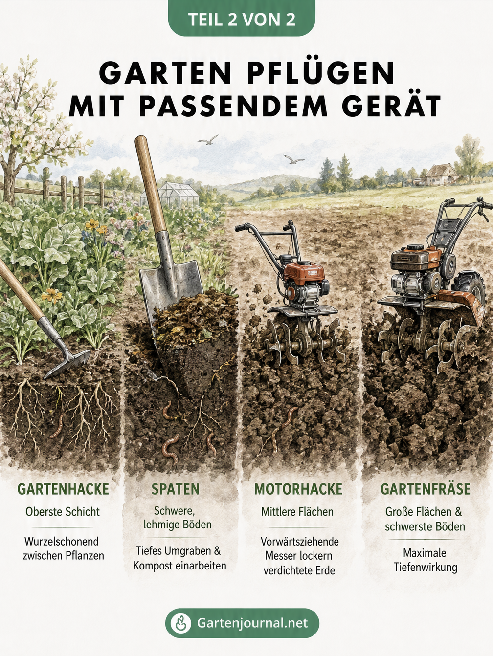 Querschnitt eines Gartens, der den Einsatz von Gartenhacke, Spaten, Motorhacke und Gartenfräse je nach Bodenart zeigt.