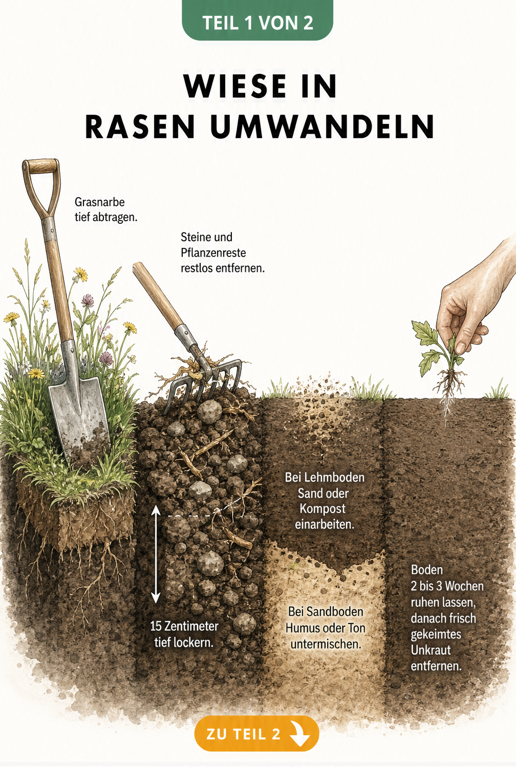 Illustration eines Erdschnitts, der die vier Phasen der Bodenbearbeitung zeigt: Grasnarbe abtragen, Boden lockern, Boden verbessern und Unkraut entfernen.