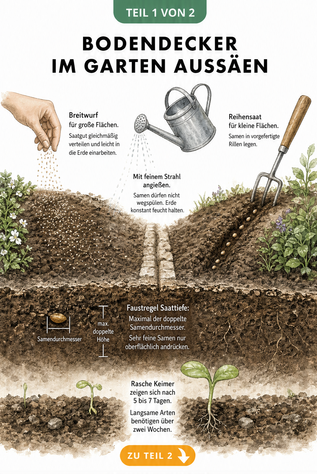 Illustration eines Gartenbeets im Querschnitt, die Breitwurf, Reihensaat, Angießen und Saattiefe für Bodendecker zeigt