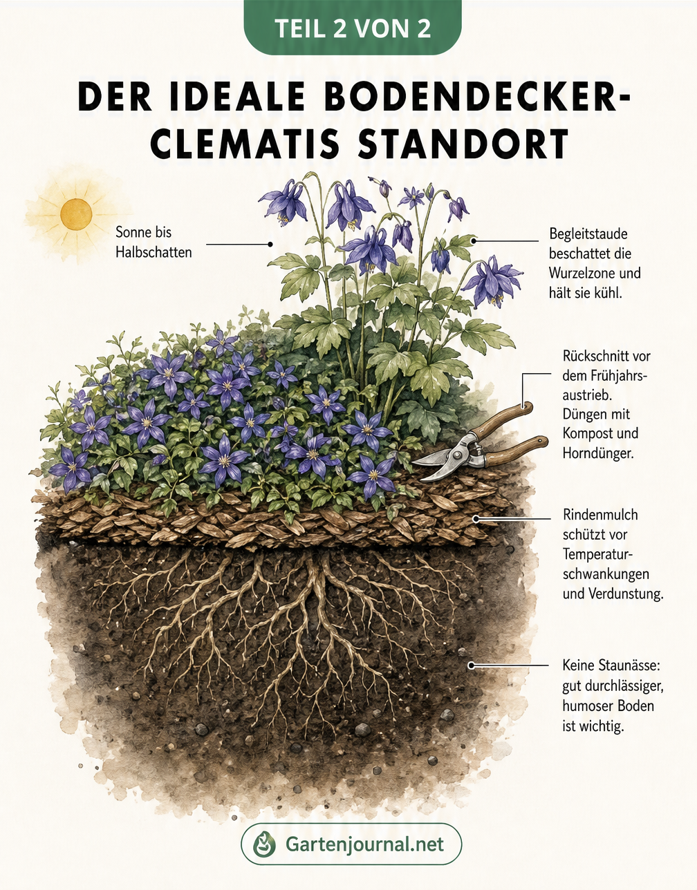 Querschnitt eines Gartenbeets mit Bodendecker-Clematis, Begleitstaude und Wurzelbereich