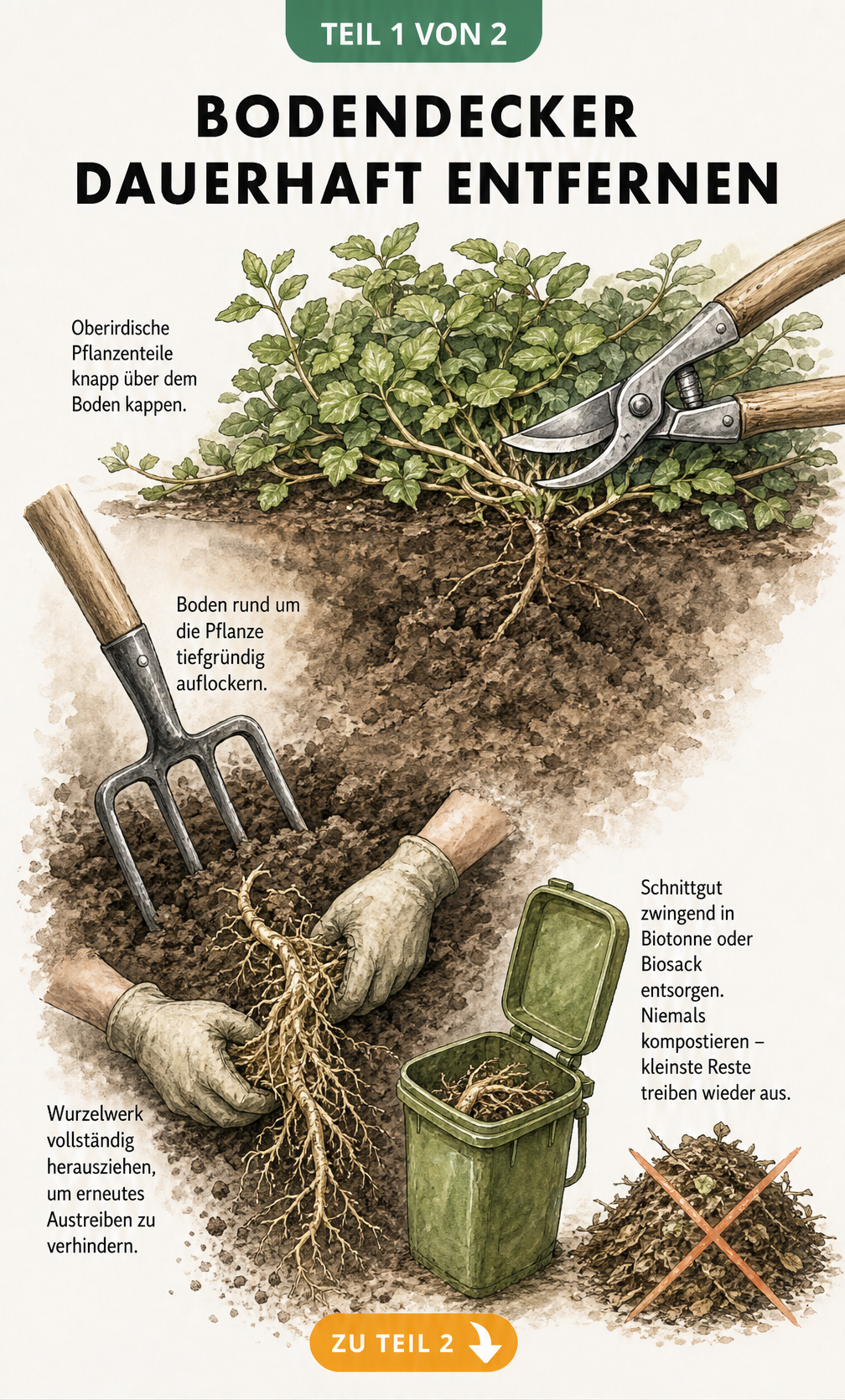 Querschnitt eines Gartenbeets, der zeigt, wie man Bodendecker oberirdisch abschneidet, den Boden auflockert und die Wurzeln vollständig herauszieht.