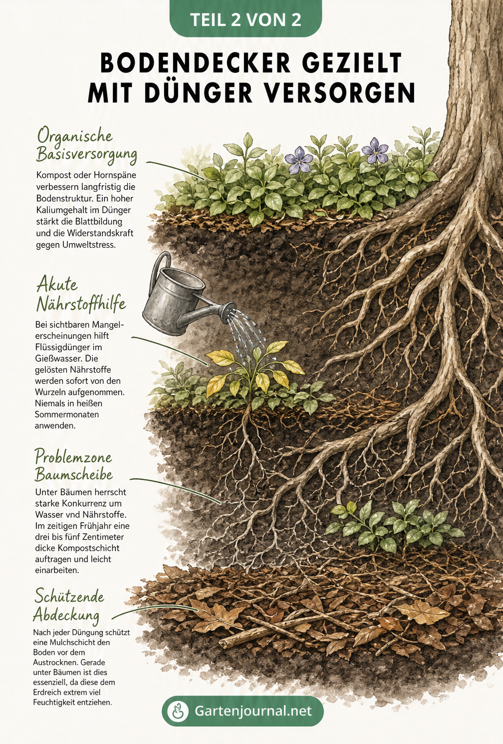 Querschnitt durch den Gartenboden mit Bodendeckern, Baumwurzeln und verschiedenen Düngerarten