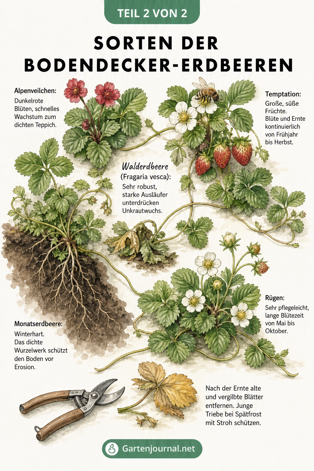 Illustration verschiedener Bodendecker-Erdbeersorten wie Walderdbeere, Monatserdbeere und Rügen