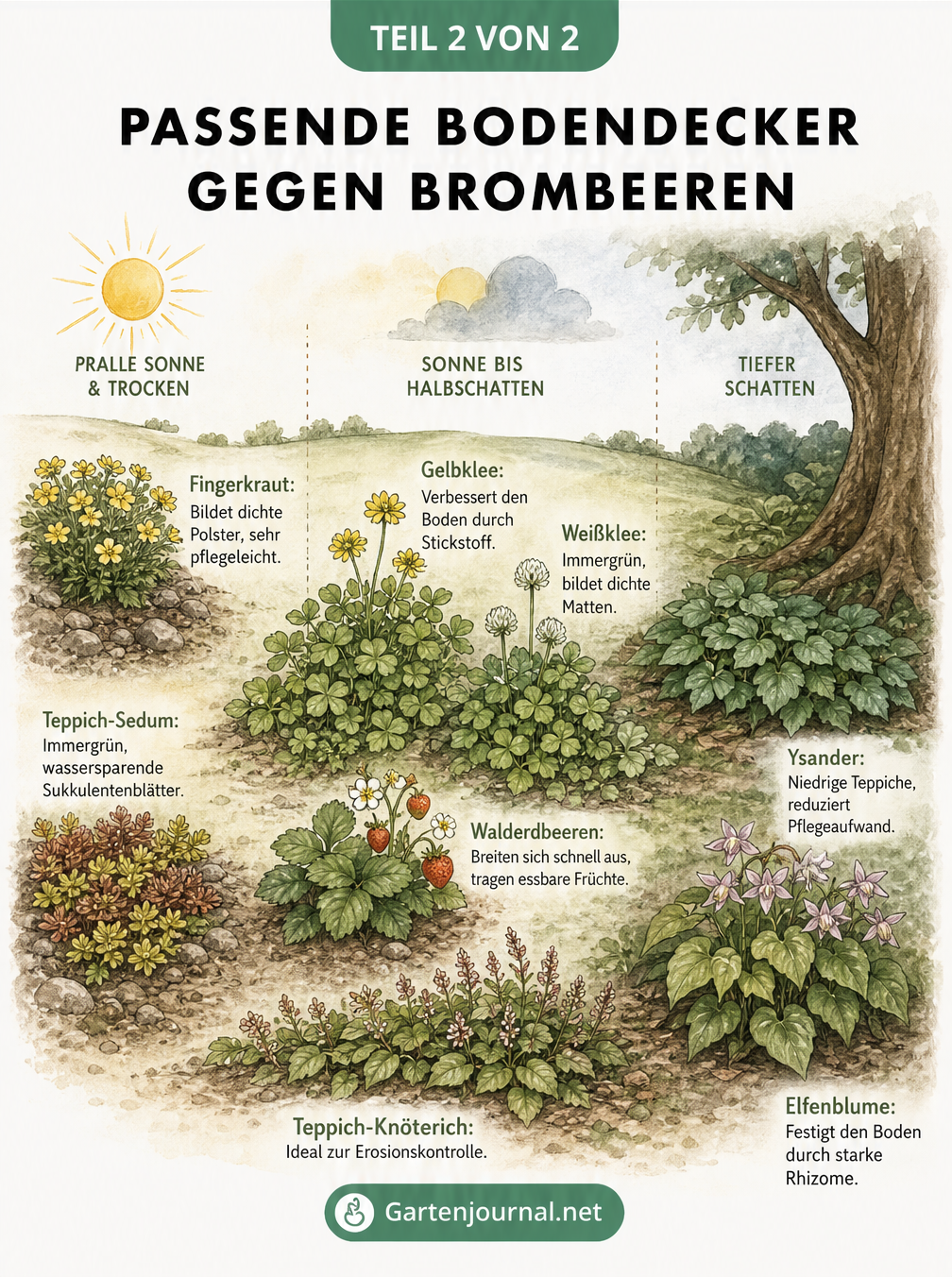 Botanische Illustration verschiedener Bodendecker für sonnige, halbschattige und schattige Standorte, darunter Fingerkraut, Gelbklee und Ysander.