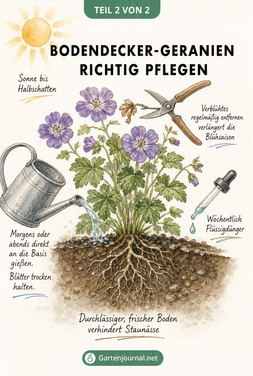 Querschnitt eines Gartenbeets mit Pflegetipps für Bodendecker-Geranien: Gießen, Düngen und Schneiden