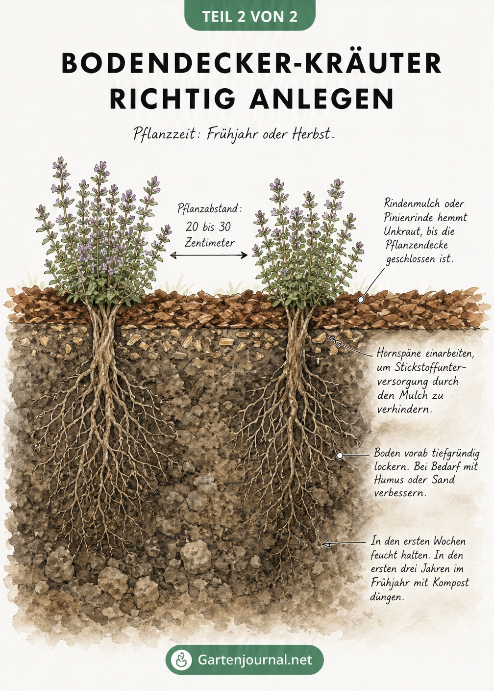 Querschnitt durch das Erdreich zeigt die richtige Pflanzung von Bodendecker-Kräutern mit Pflanzabstand, Rindenmulch, Hornspänen und gelockertem Boden
