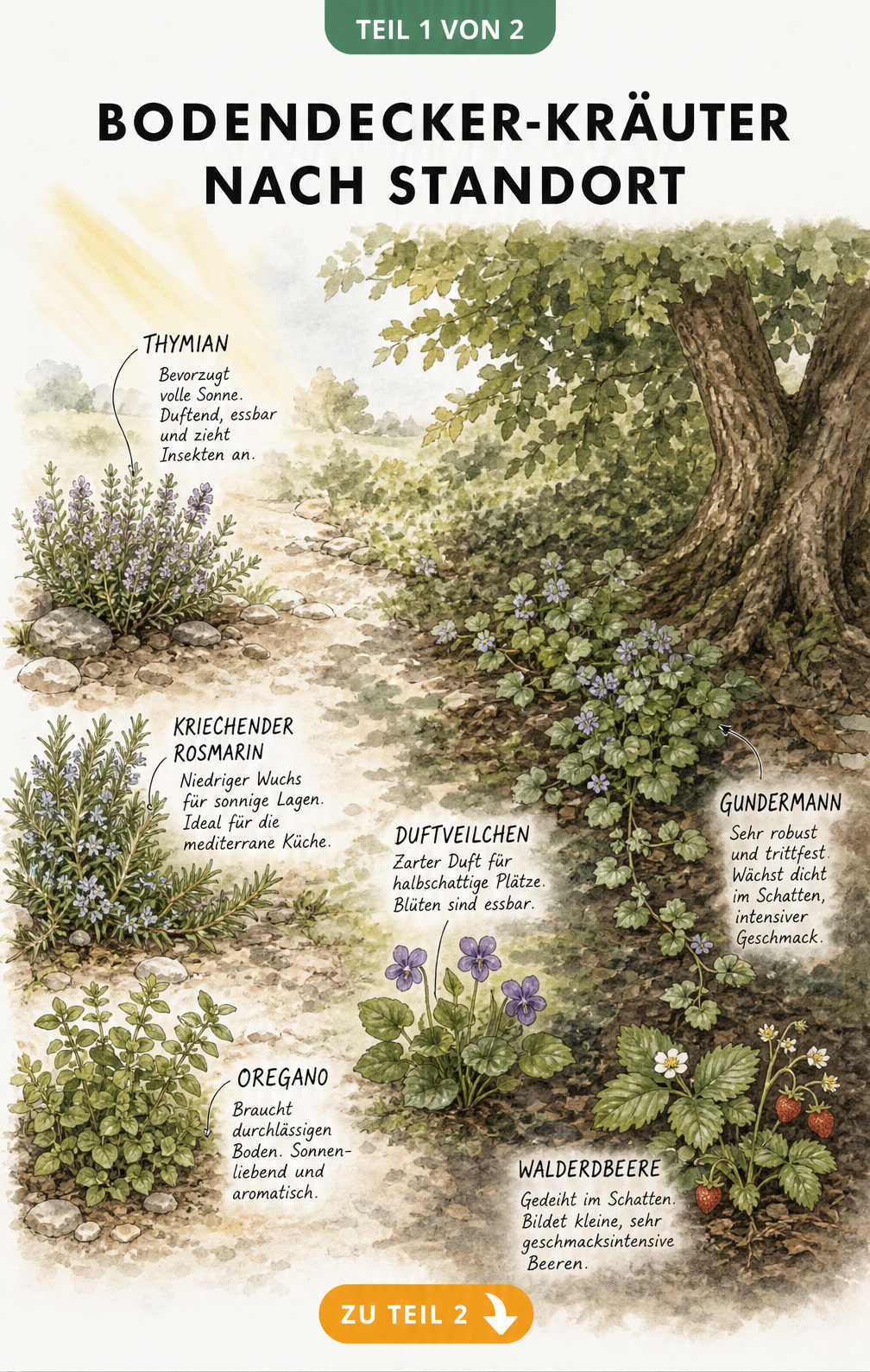 Aquarell-Zeichnung von Bodendecker-Kräutern wie Thymian, Rosmarin, Oregano, Duftveilchen, Gundermann und Walderdbeere sortiert nach sonnigem, halbschattigem...