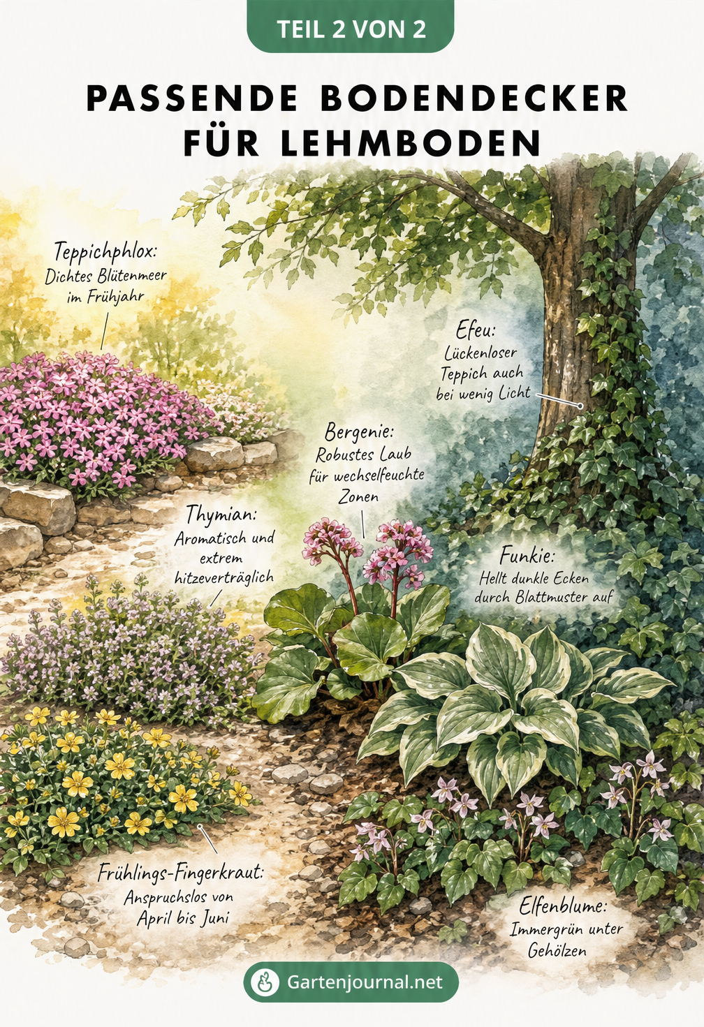 Gartenlandschaft mit Bodendeckern für Lehmboden, von sonnigen Bereichen mit Teppichphlox bis zu schattigen Plätzen mit Funkien und Efeu.