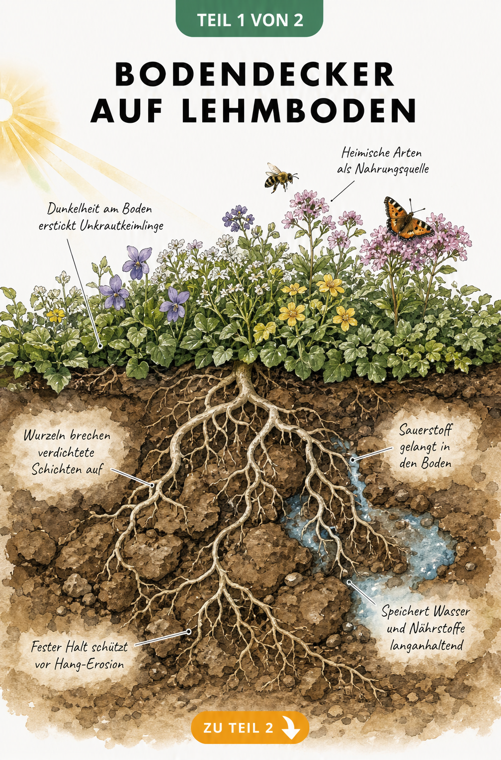Querschnitt eines Gartenbeets mit Bodendeckern auf Lehmboden, der zeigt, wie Wurzeln verdichtete Schichten aufbrechen und Unkraut unterdrücken.