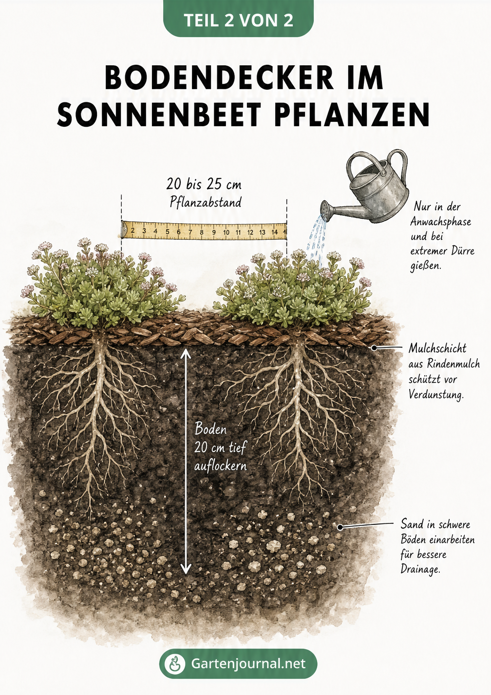 Querschnitt durch ein Gartenbeet zeigt Pflanzabstand, Mulchschicht und Wurzelbereich von Bodendeckern