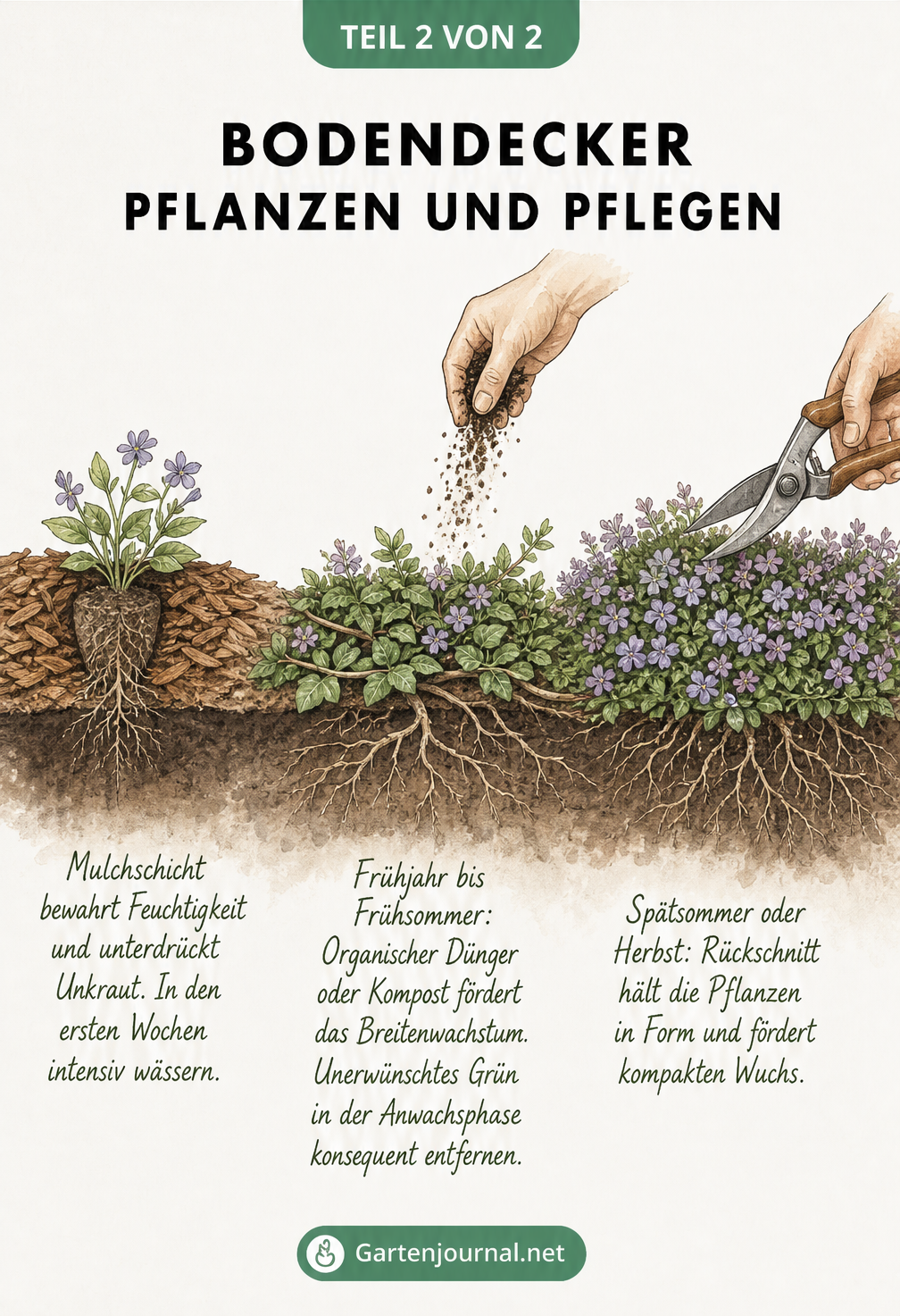 Zeichnung der Entwicklung eines Bodendeckers vom Einpflanzen bis zum dichten Teppich