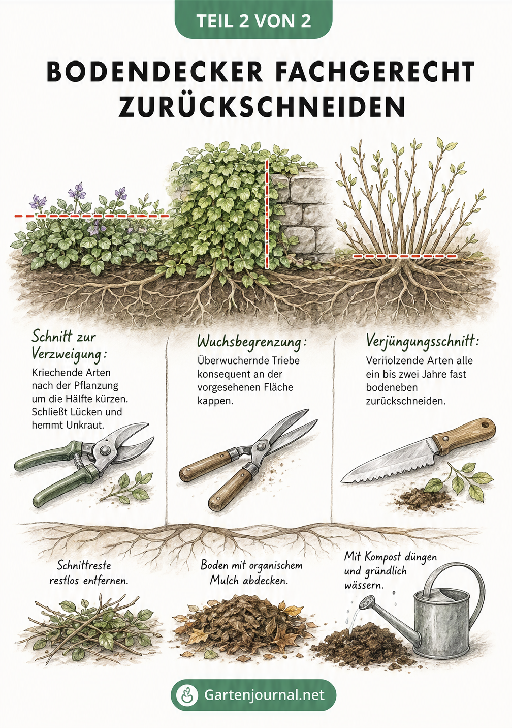 Skizze eines Gartenbeets mit drei Zonen, die Schnitt zur Verzweigung, Wuchsbegrenzung und Verjüngungsschnitt bei Bodendeckern zeigen