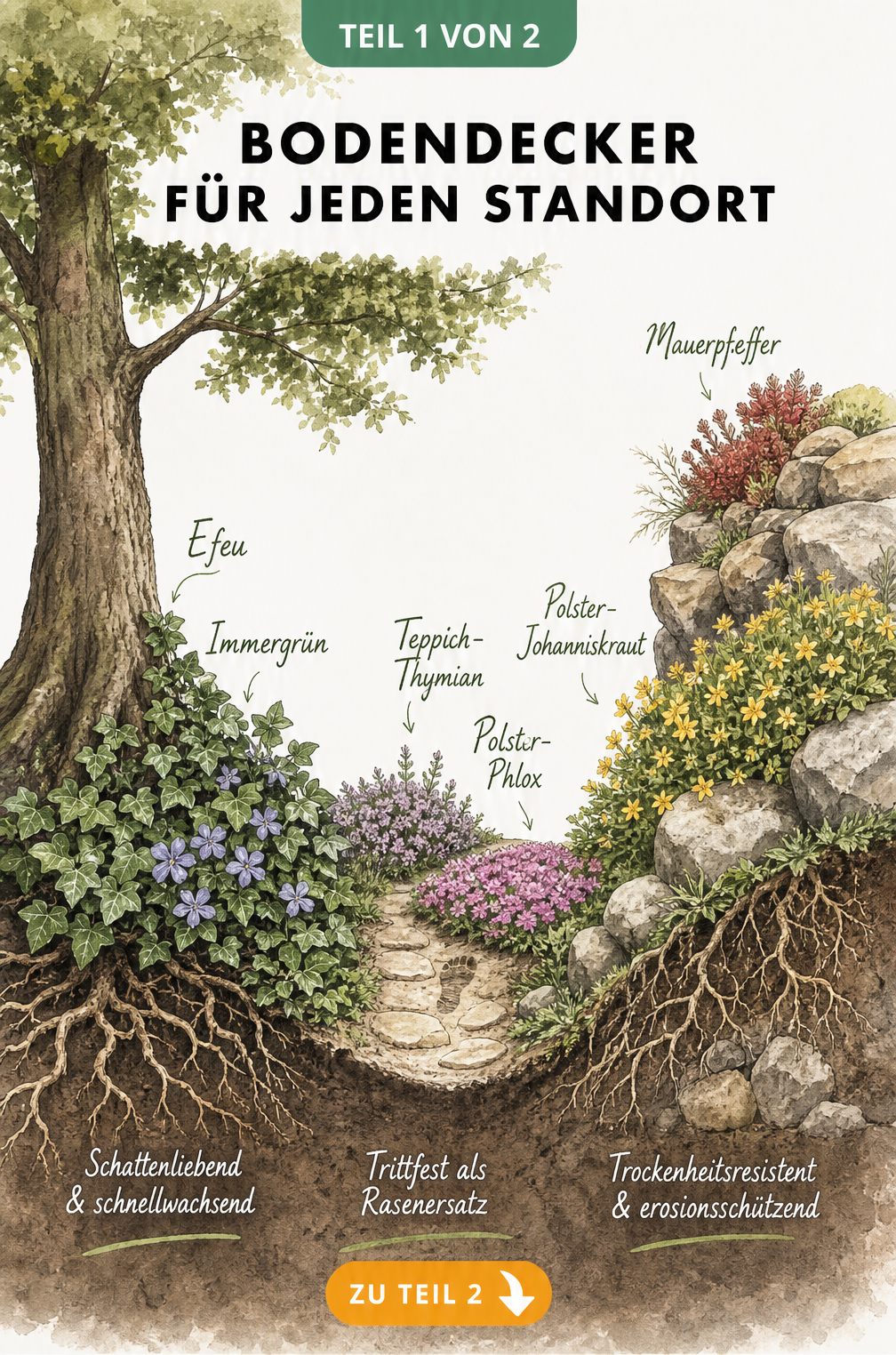Illustration verschiedener Bodendecker für Schatten, Wege und sonnige Hänge