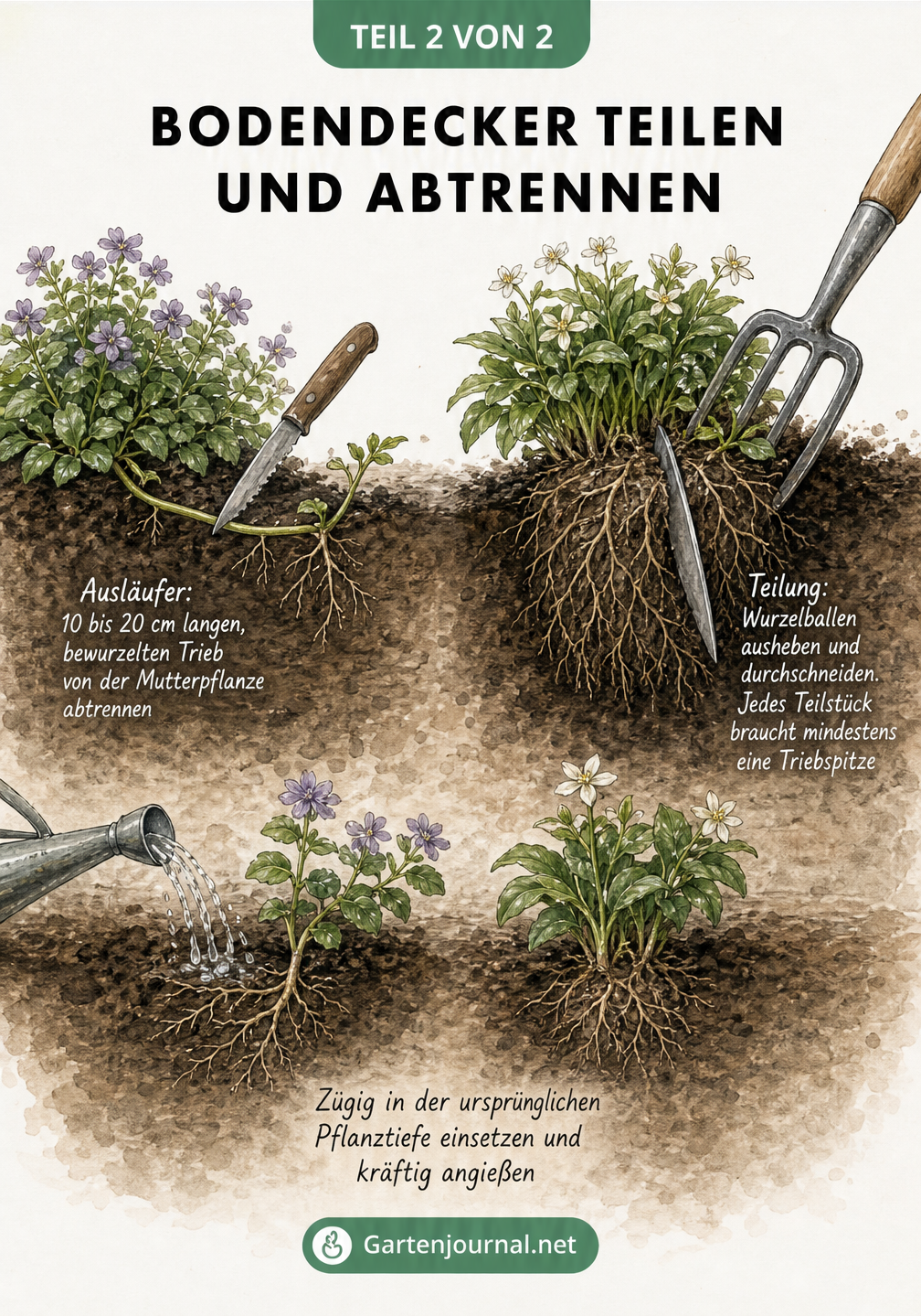 Botanische Aquarell-Illustration, die das Abtrennen von Ausläufern und die Teilung eines Wurzelballens bei Bodendeckern zeigt