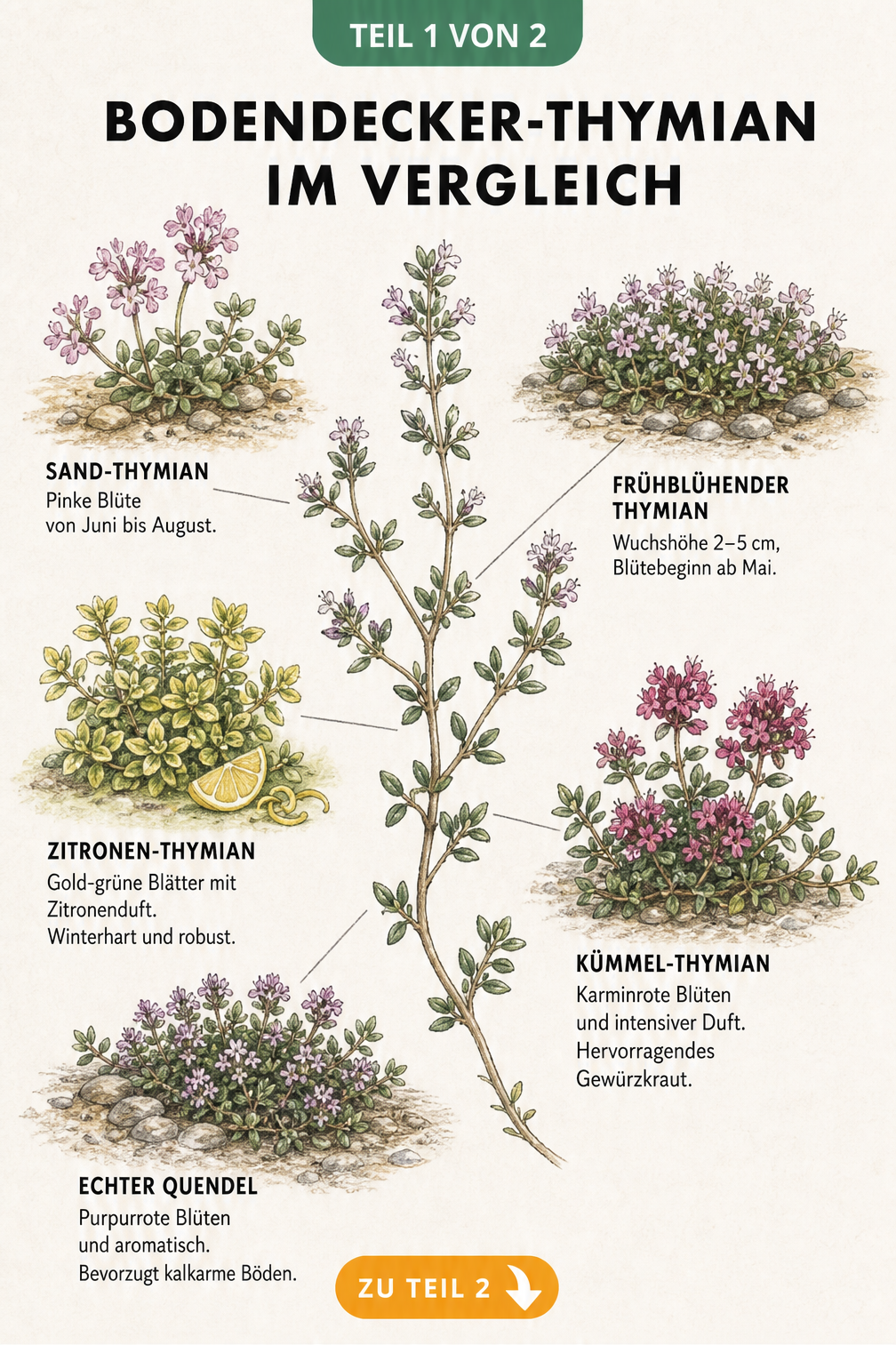 Botanische Illustration von fünf Bodendecker-Thymian Sorten mit Blüten- und Blattdetails