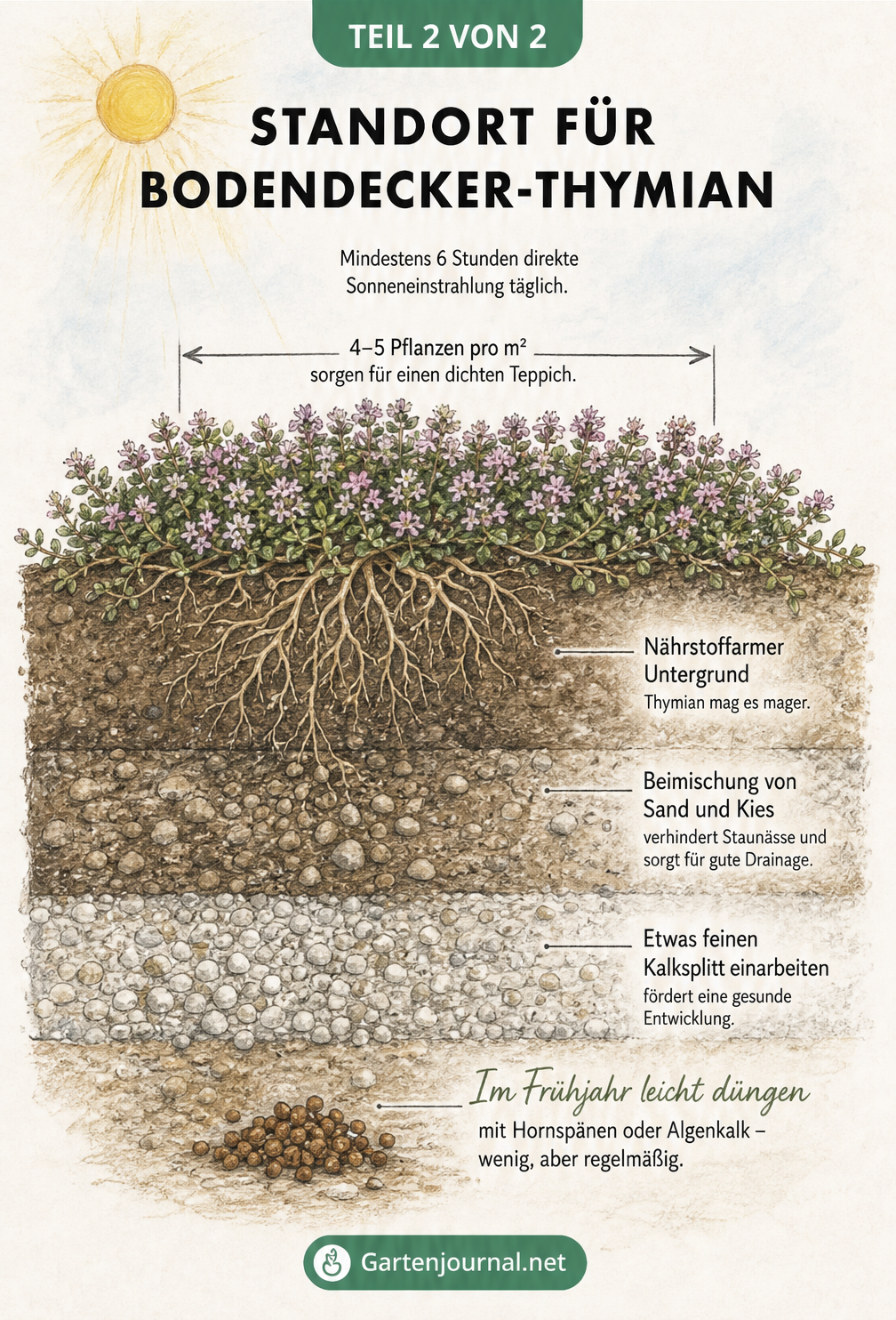 Querschnitt eines Gartenbeets mit Bodendecker-Thymian, der die idealen Boden- und Standortbedingungen zeigt