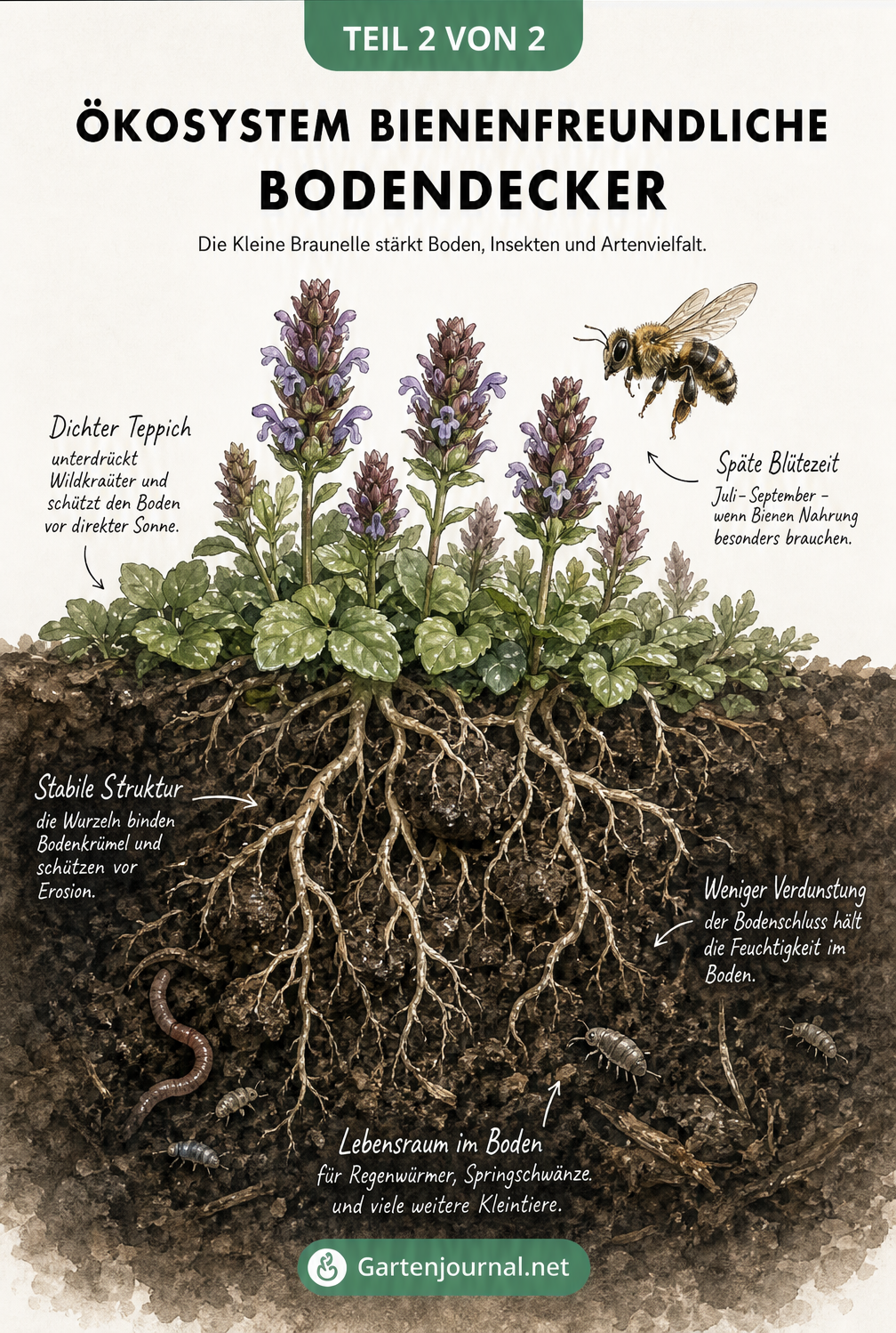 Botanische Illustration eines Bodenquerschnitts mit der Kleinen Braunelle, Wurzeln und einer Wildbiene