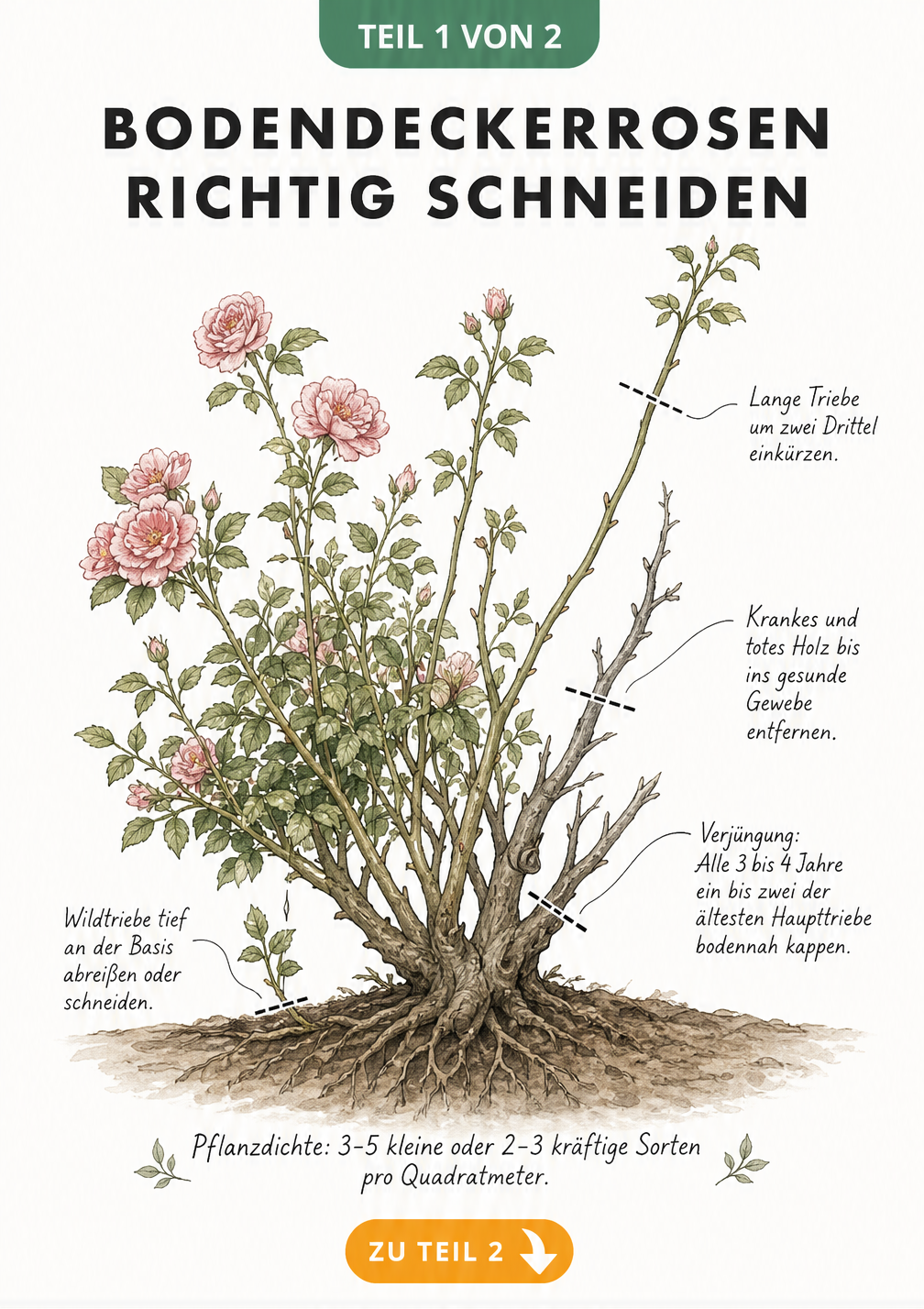 Illustration eines Bodendeckerrosen-Strauchs mit Markierungen für den richtigen Schnitt an langen Trieben, Totholz und Wildtrieben.