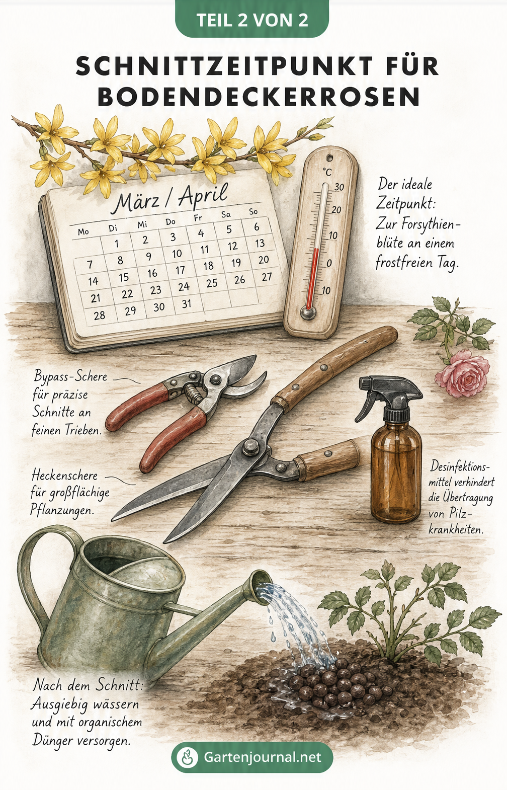 Aquarell-Illustration mit Gartenschere, Heckenschere, Desinfektionsmittel, Gießkanne und Dünger auf einem Holztisch neben einem Kalenderblatt für März und...