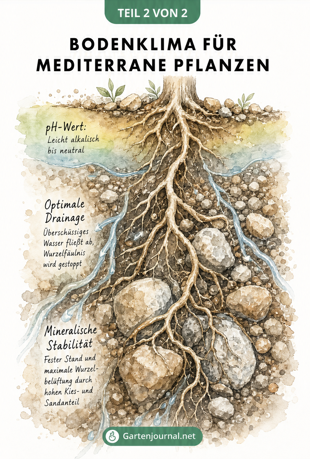 Aquarell-Illustration eines Wurzelsystems in lockerer Erde, die den pH-Wert, optimale Drainage und mineralische Stabilität durch Kies und Sand visualisiert.