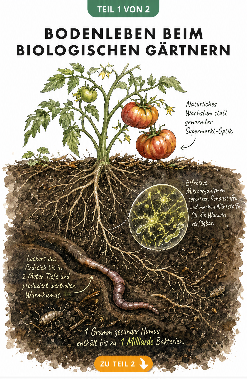 Querschnitt eines Gartenbeets mit Tomatenpflanze, Wurzeln, effektiven Mikroorganismen und Regenwurm im Erdreich