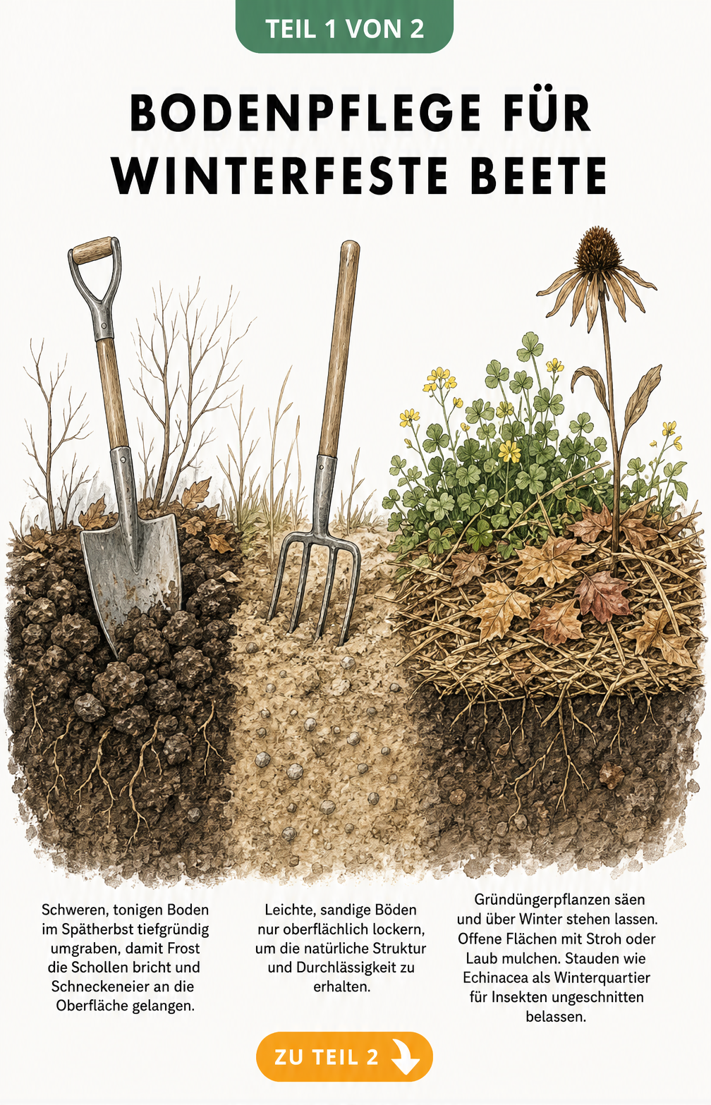 Illustration eines Gartenbeets im Spätherbst mit Tonboden, Sandboden und Gründüngung