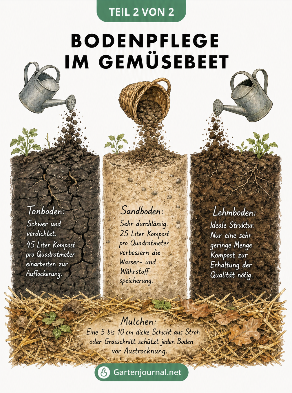Illustration von Bodenprofilen für Tonboden, Sandboden und Lehmboden mit Kompostbedarf und Mulchschicht