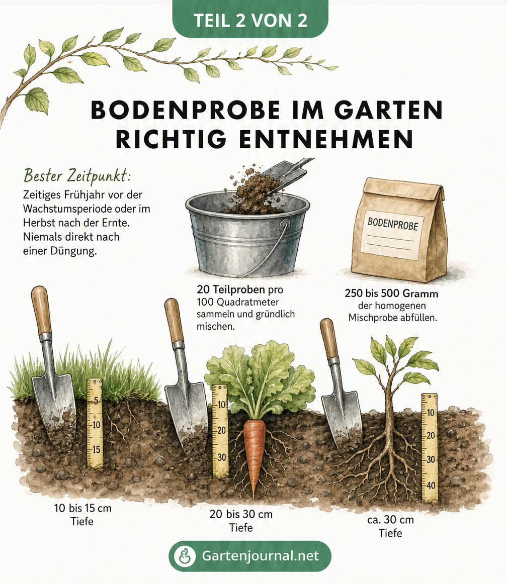 Erdschnitt-Zeichnung, die zeigt, wie tief Bodenproben bei Rasen, Gemüse und Obstbäumen entnommen werden müssen, inklusive Anleitung für das Labor.