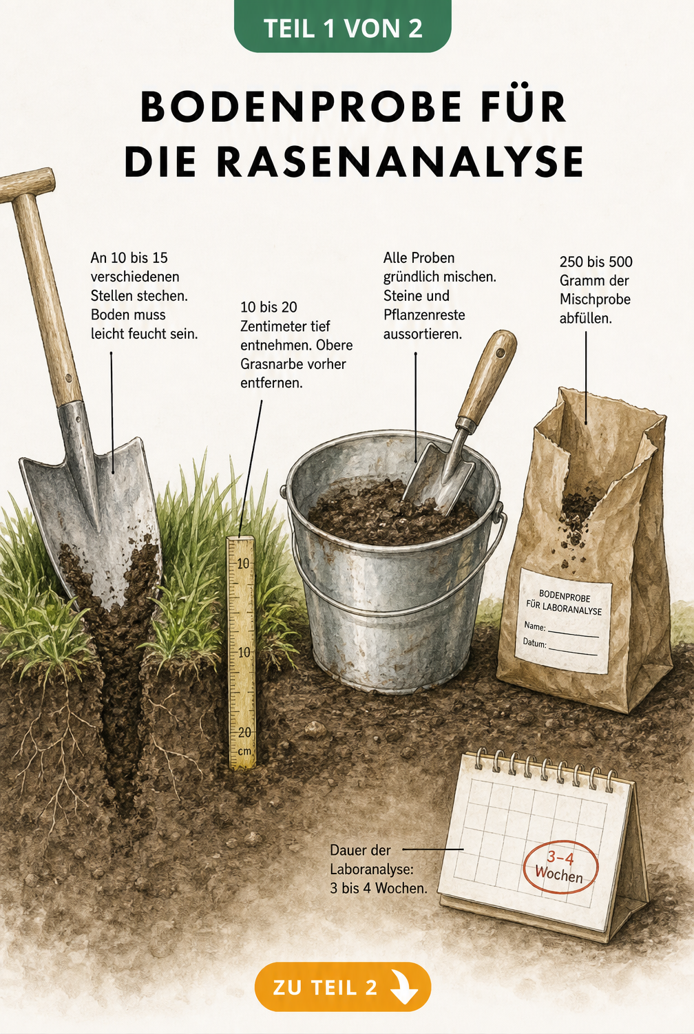 Illustration einer Bodenprobe für die Rasenanalyse mit Spaten, Maßband, Eimer und Versandbeutel