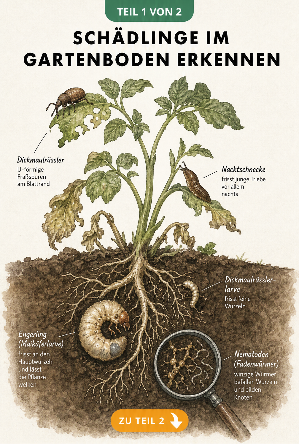 Querschnitt durch ein Gartenbeet zeigt Schädlinge wie Dickmaulrüssler, Schnecken, Engerlinge und Nematoden an den Wurzeln und Blättern einer Pflanze.