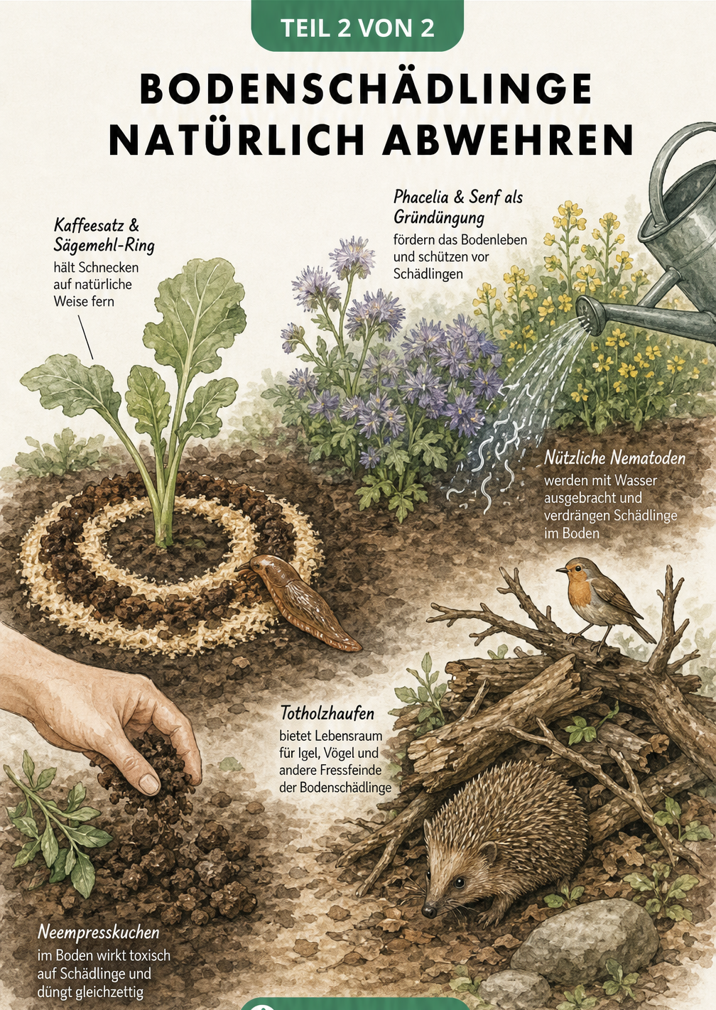 Illustration eines Gartens mit natürlichen Abwehrmethoden gegen Bodenschädlinge wie Kaffeesatz, Neempresskuchen, Gründüngung und einem Totholzhaufen für...
