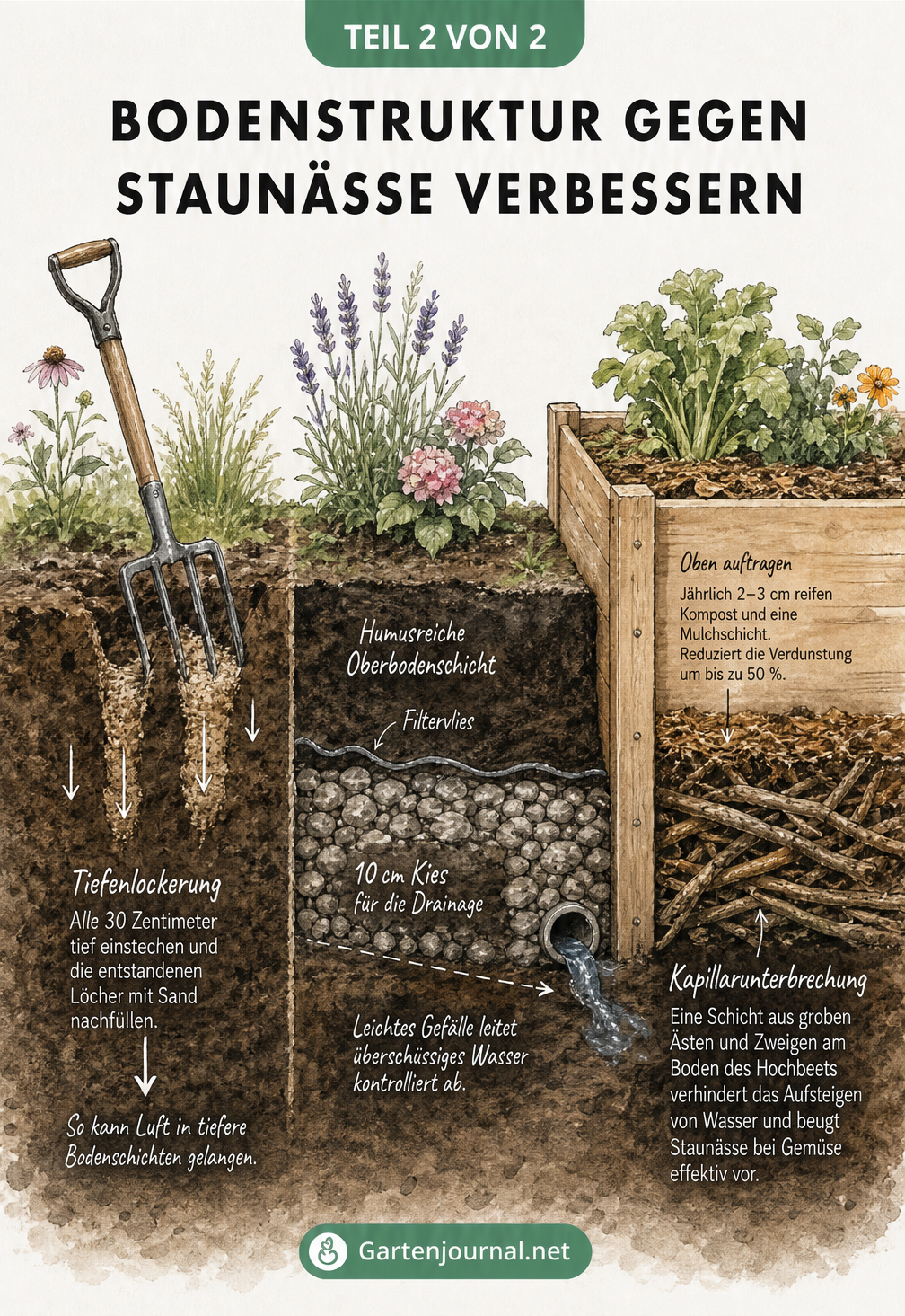 Querschnitt eines Gartenprofils mit Tiefenlockerung, Kies-Drainage und Hochbeet-Aufbau gegen Staunässe