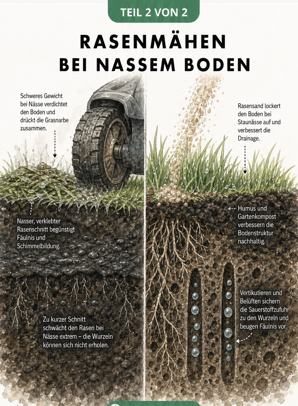 Querschnitt des Bodens zeigt die Auswirkungen von schweren Rasenmähern bei Nässe im Vergleich zu gesundem, belüftetem Boden