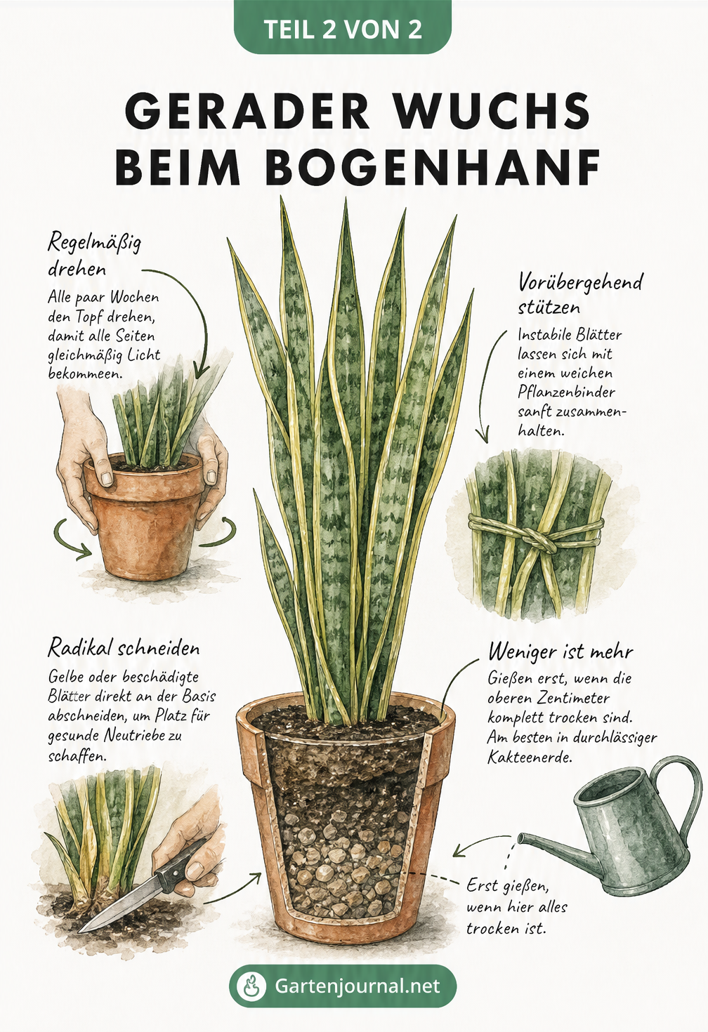 Illustration eines gerade wachsenden Bogenhanfs mit Pflegetipps wie Drehen des Topfes, Zusammenbinden der Blätter, Abschneiden kranker Blätter und richtigem...