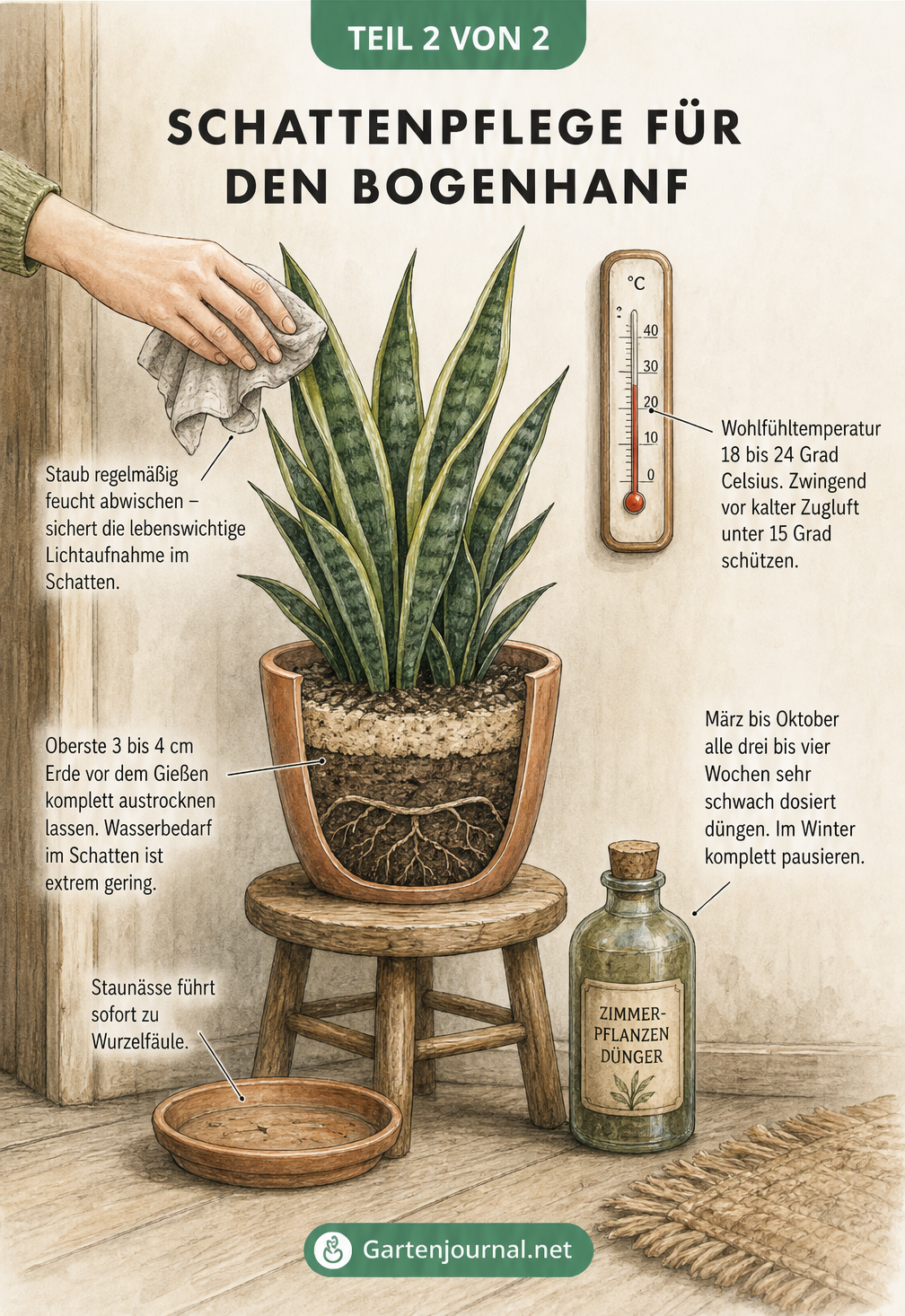 Illustration eines Bogenhanfs auf einem Hocker im dunklen Flur mit Pflegehinweisen zu Staubwischen, Temperatur, Gießen und Düngen.