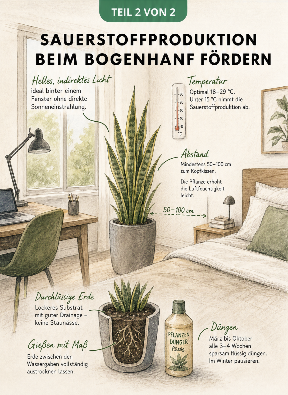 Skizze zur optimalen Platzierung und Pflege des Bogenhanfs im Schlafzimmer
