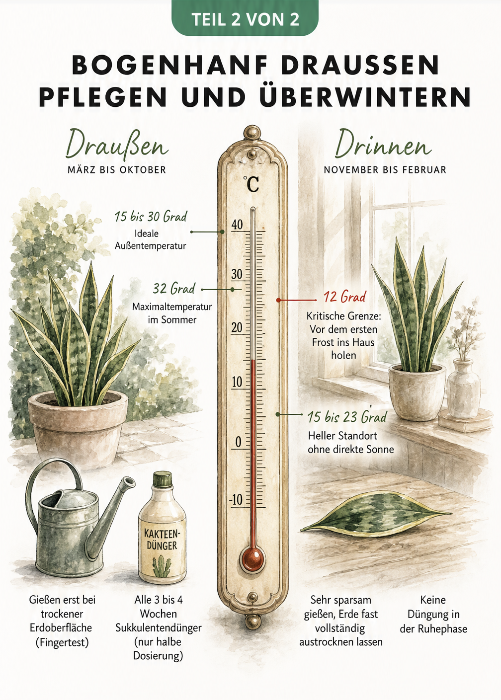 Illustriertes Vintage-Thermometer, das die idealen Temperaturen und Pflegehinweise für Bogenhanf im Sommer draußen und im Winter drinnen gegenüberstellt.