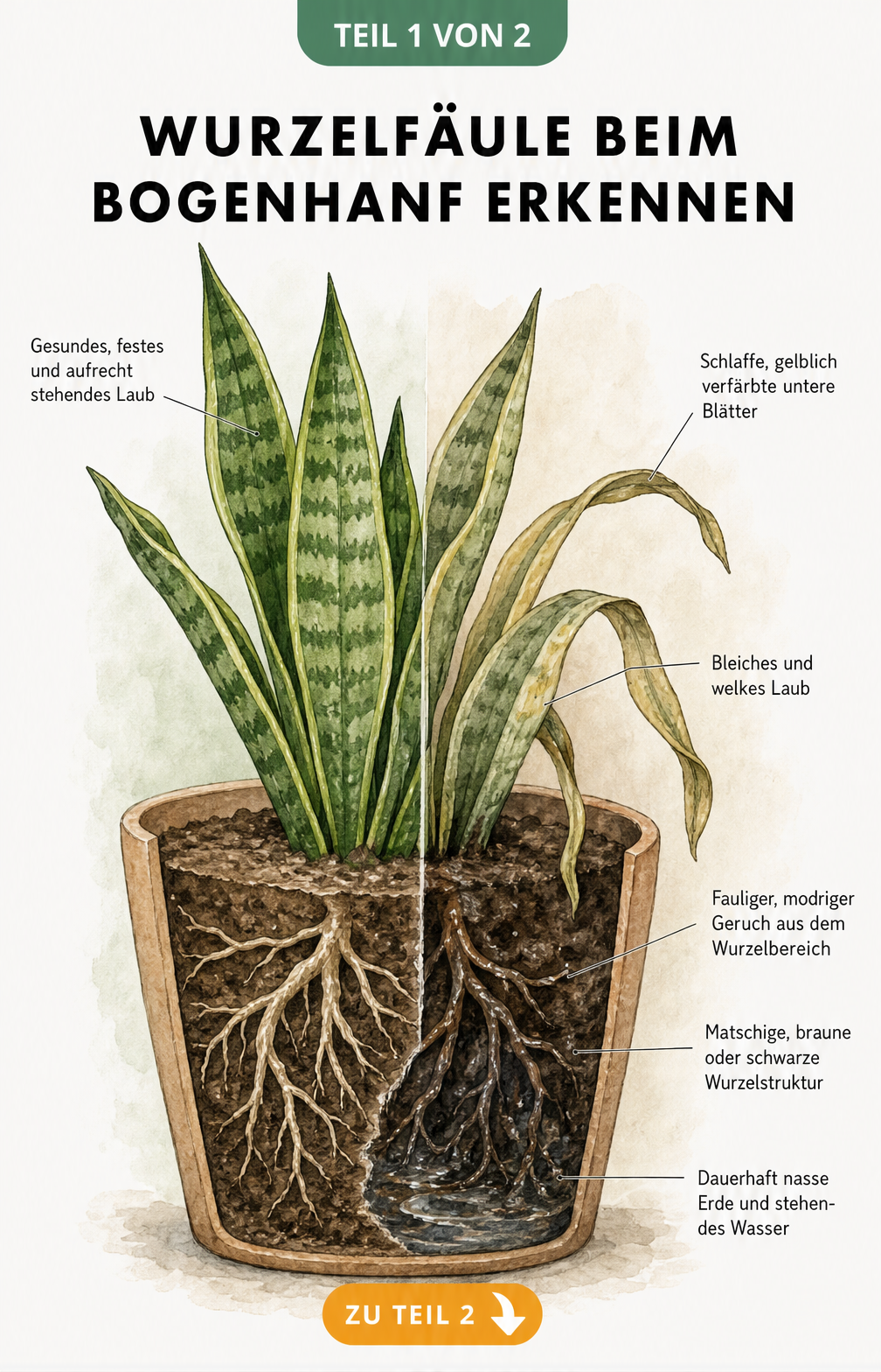 Botanische Illustration eines Bogenhanfs im Querschnitt, die gesunde und kranke Pflanzenteile bei Wurzelfäule vergleicht.