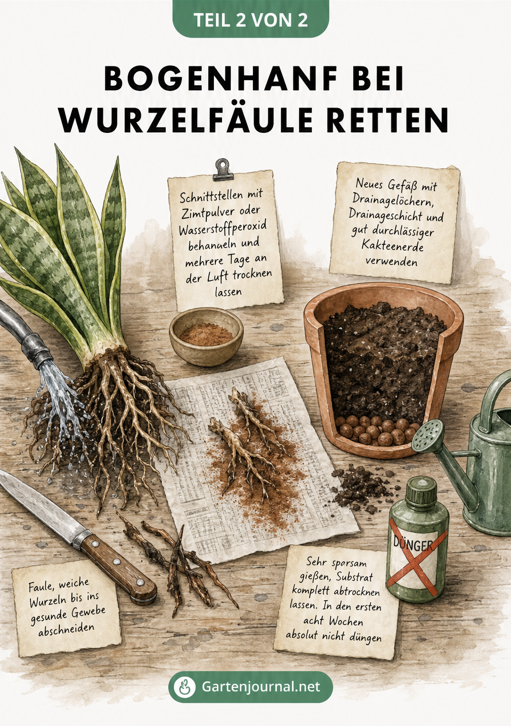 Illustration eines Pflanztisches mit Schritten zur Rettung eines Bogenhanfs bei Wurzelfäule, inklusive Wurzelrückschnitt und Umtopfen.
