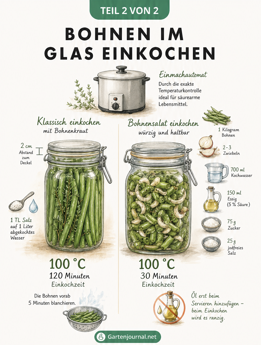 Illustration zum Einkochen von Bohnen im Glas: Klassisch in Salzwasser bei 100 Grad für 120 Minuten oder als Bohnensalat mit Essig und Zwiebeln bei 100 Grad...