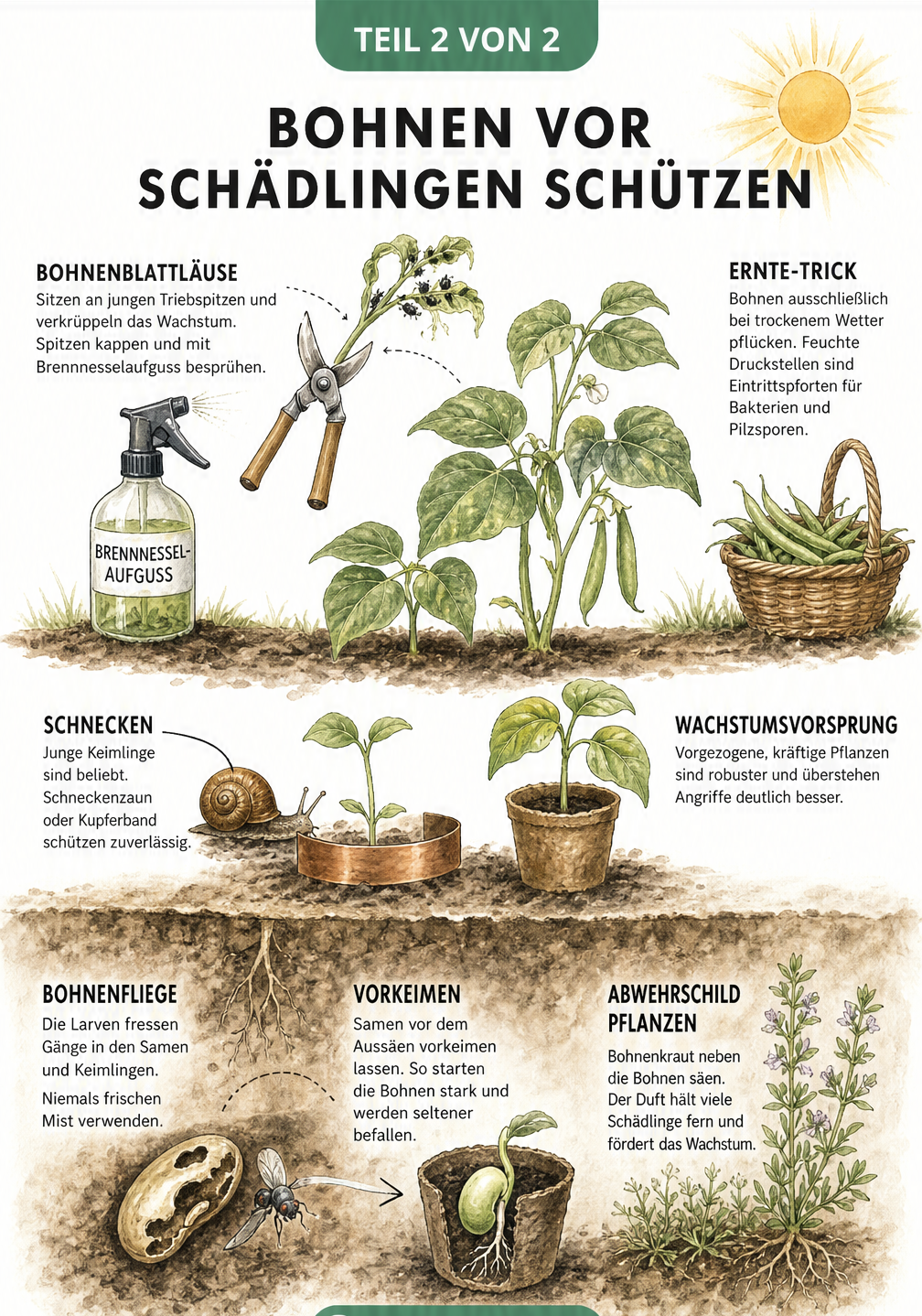 Querschnitt durch ein Gartenbeet mit Bohnenpflanzen, Bohnenfliege, Schnecke und Schwarzen Bohnenblattläusen